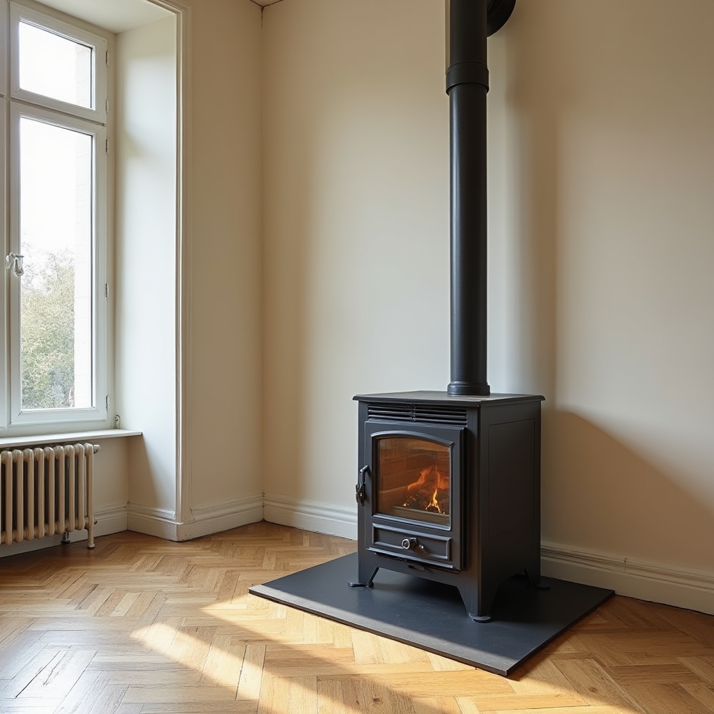 Kaminofeneinbau in einem sanierten Wohnraum eines Altbaus